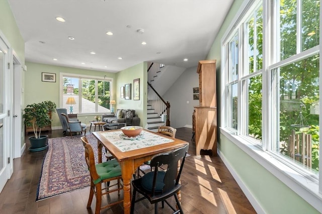 370 Beech St Unit 2, Boston, MA 02131 - dining area with baseboards, recessed lighting, wood finished floors, and stairs