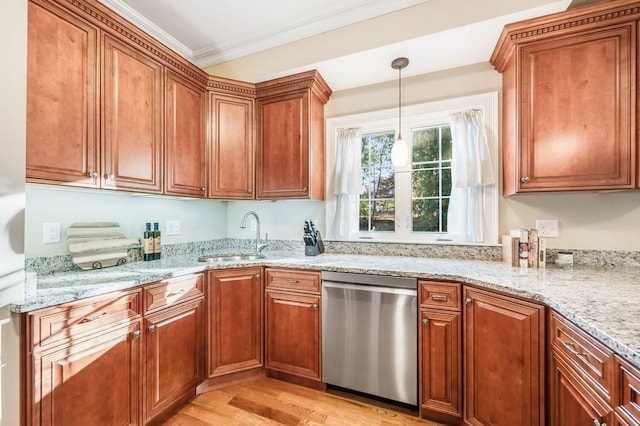 kitchen with light stone countertops, sink, stainless steel dishwasher, light hardwood / wood-style floors, and decorative light fixtures