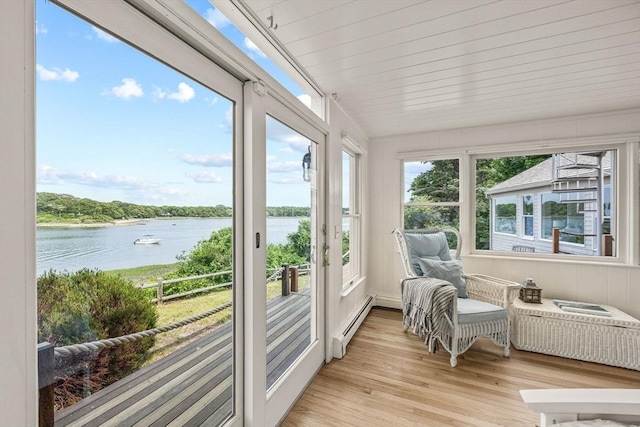 5 Kidd Way, Orleans, MA 02653 - sunroom with a water view, a baseboard heating unit, wood finished floors, and radiator