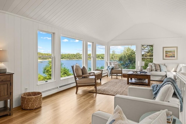 5 Kidd Way, Orleans, MA 02653 - sunroom / solarium with a water view, a baseboard radiator, healthy amount of natural light, wood finished floors, and lofted ceiling
