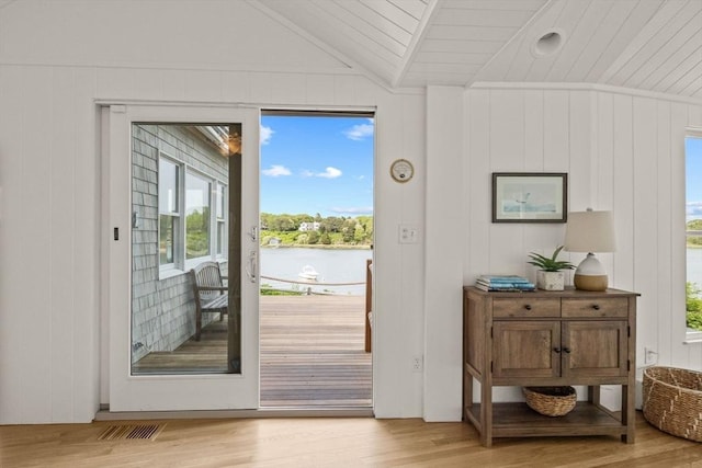 5 Kidd Way, Orleans, MA 02653 - doorway to outside with vaulted ceiling, light wood-type flooring, a water view, and wood ceiling