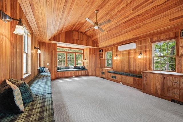 5 Kidd Way, Orleans, MA 02653 - unfurnished living room featuring a wall mounted AC, wood ceiling, lofted ceiling, carpet floors, and a ceiling fan