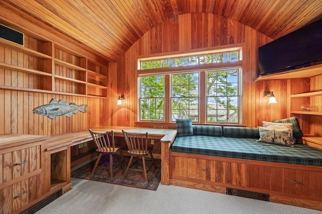 5 Kidd Way, Orleans, MA 02653 - carpeted bedroom featuring vaulted ceiling, multiple windows, wooden walls, and wood ceiling