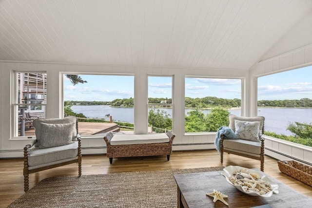 5 Kidd Way, Orleans, MA 02653 - sunroom with a baseboard heating unit, a water view, vaulted ceiling, wood finished floors, and wooden ceiling