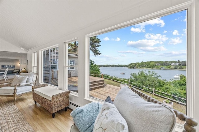5 Kidd Way, Orleans, MA 02653 - sunroom / solarium with a water view, wood finished floors, baseboard heating, and lofted ceiling