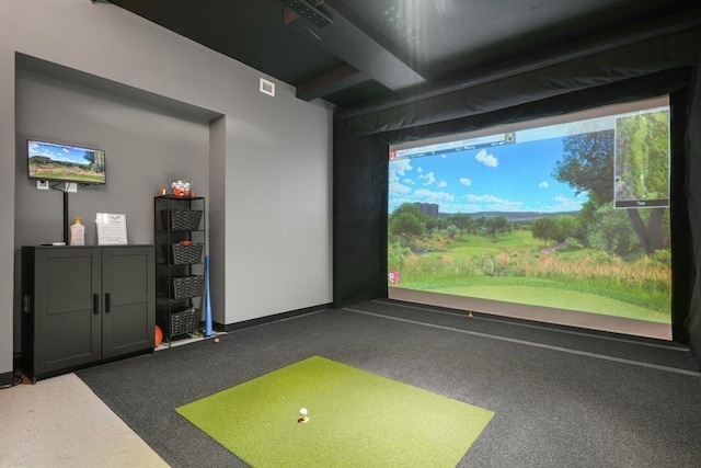 300 Blvd 3I, Boston, MA 02210 - recreation room with golf simulator, dark carpet, and beamed ceiling