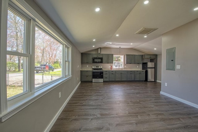 22 3rd, Lakeville, MA 02347 - kitchen featuring light countertops, gray cabinets, stainless steel appliances, vaulted ceiling, and electric panel