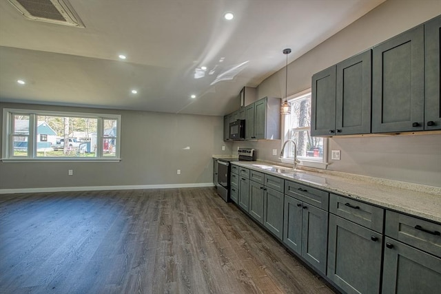 22 3rd, Lakeville, MA 02347 - kitchen featuring electric range, dark wood-style flooring, lofted ceiling, black microwave, and a sink