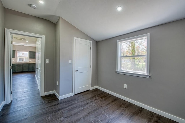 22 3rd, Lakeville, MA 02347 - unfurnished bedroom with baseboards, recessed lighting, lofted ceiling, and dark wood-style floors