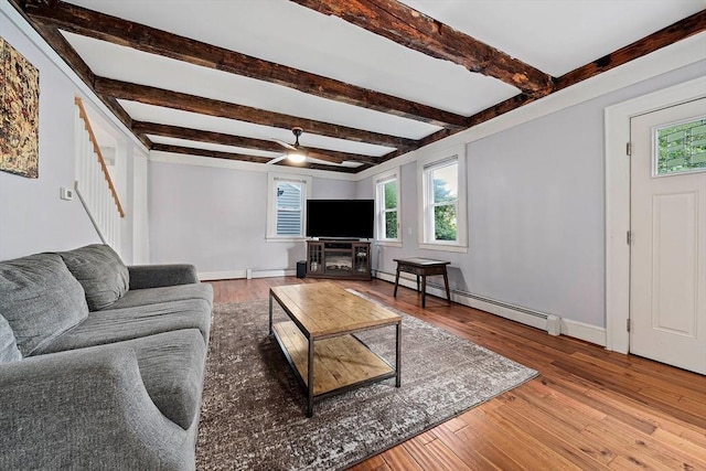 living area with stairs, a baseboard heating unit, beam ceiling, and hardwood / wood-style flooring