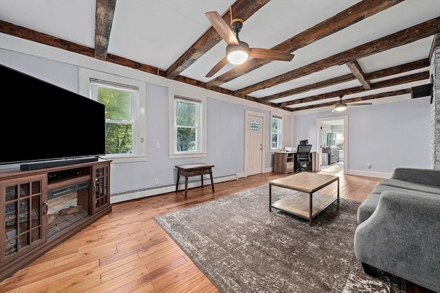 living area with ceiling fan, beam ceiling, wood-type flooring, baseboards, and a baseboard heating unit