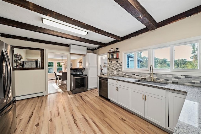 kitchen featuring stainless steel electric range, baseboard heating, a sink, dishwasher, and tasteful backsplash