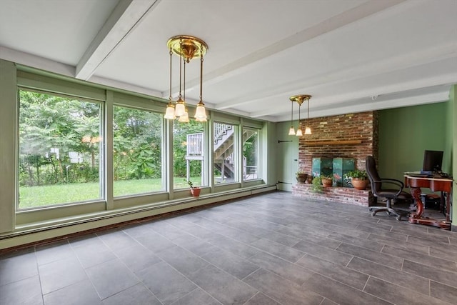 unfurnished sunroom featuring a baseboard radiator, beamed ceiling, and a fireplace