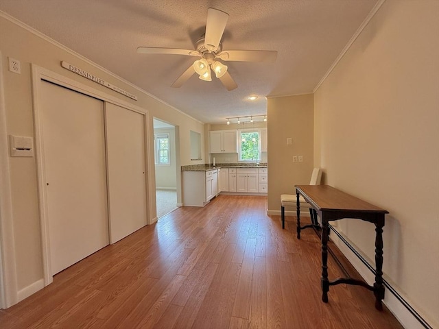 174 Upper County Unit 2-15, Dennis, MA 02639 - kitchen featuring crown molding, light wood-style floors, white cabinetry, a baseboard radiator, and a ceiling fan