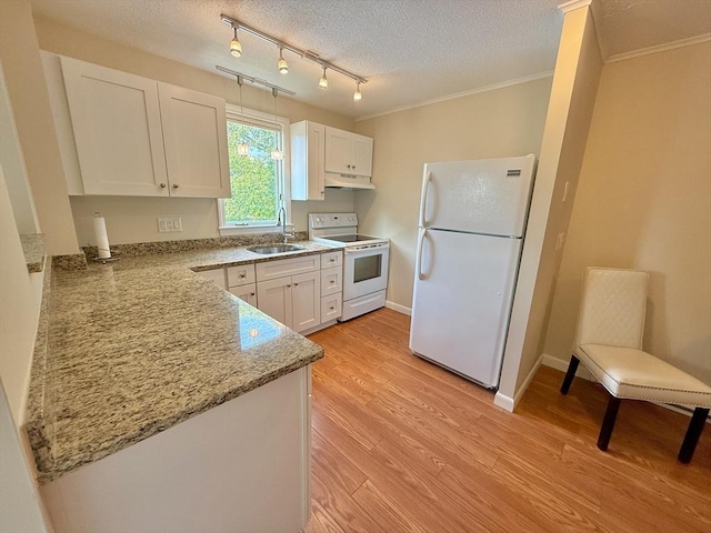 174 Upper County Unit 2-15, Dennis, MA 02639 - kitchen featuring white appliances, a sink, under cabinet range hood, white cabinets, and crown molding