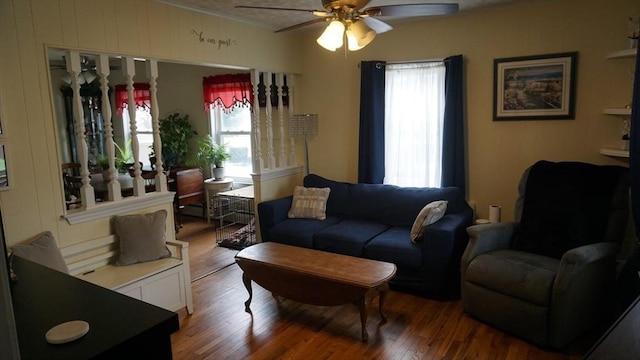 32 Bristol St, Ludlow, MA 01056 - living room featuring wood finished floors, a ceiling fan, and crown molding
