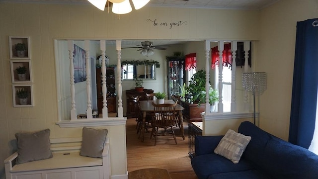 32 Bristol St, Ludlow, MA 01056 - living room featuring a ceiling fan, light wood-style flooring, and ornamental molding
