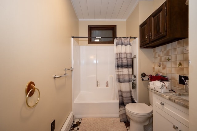 full bathroom with vanity, shower / bath combo, a baseboard heating unit, toilet, and decorative backsplash