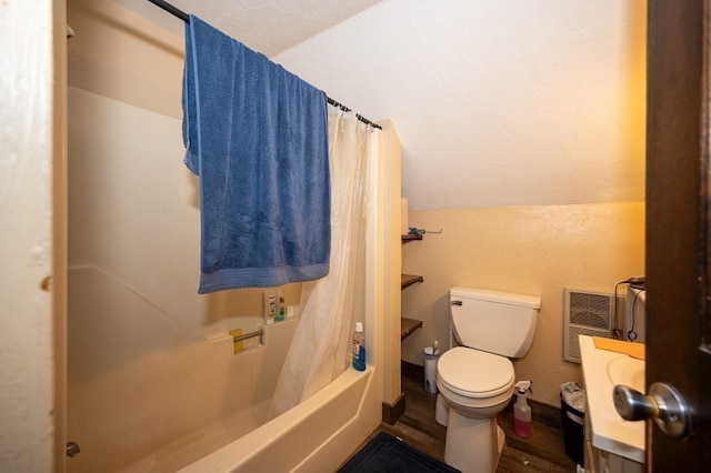 bathroom featuring wood-type flooring, shower / bathtub combination with curtain, vaulted ceiling, and toilet