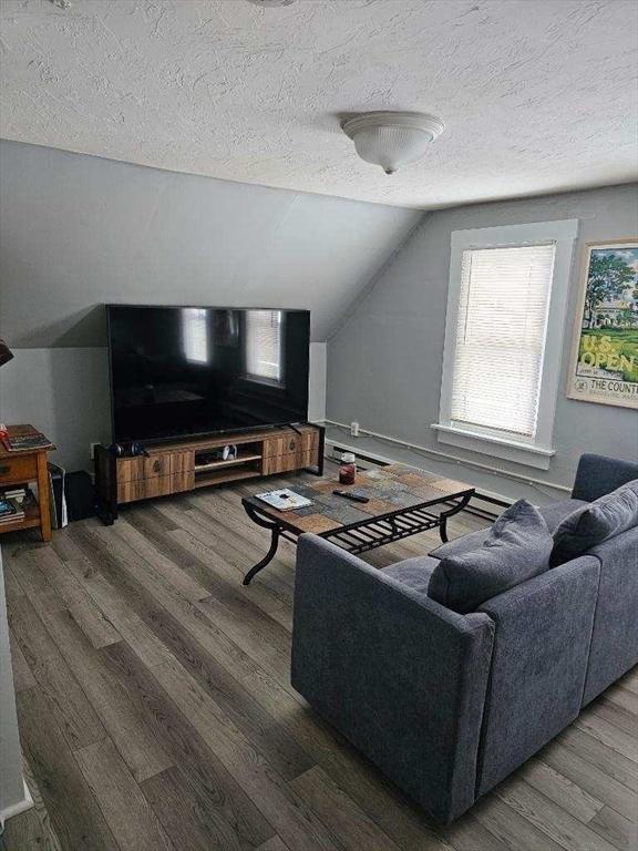 living area with a textured ceiling, wood finished floors, and vaulted ceiling