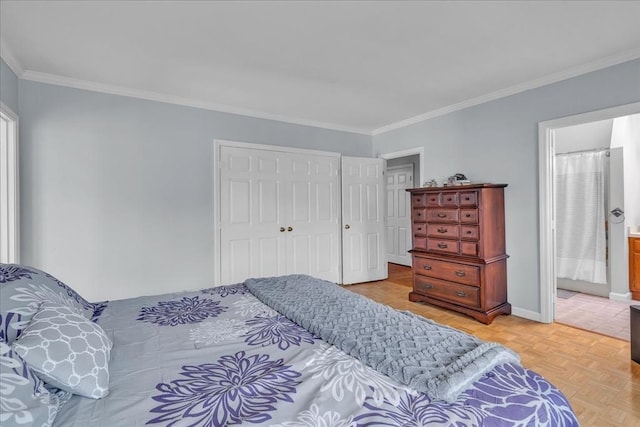 57 Center St, Dartmouth, MA 02748 - bedroom featuring crown molding, baseboards, a closet, and ensuite bath