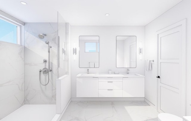 bathroom featuring a marble finish shower, double vanity, recessed lighting, a sink, and marble finish floor