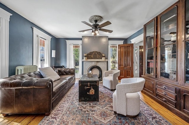 2 Oxford Pl, Worcester, MA 01609 - living room featuring radiator heating unit, hardwood / wood-style flooring, a ceiling fan, and a fireplace