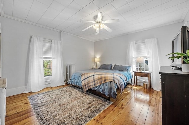 2 Oxford Pl, Worcester, MA 01609 - bedroom with radiator, ornamental molding, light wood finished floors, and a ceiling fan