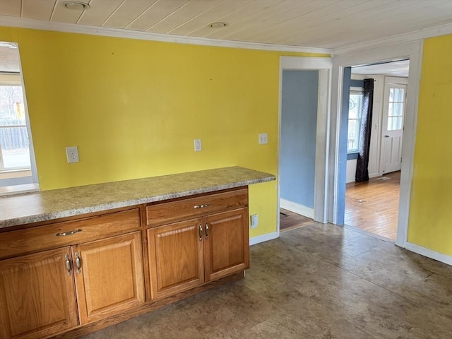 kitchen with crown molding, a healthy amount of sunlight, baseboards, and brown cabinets