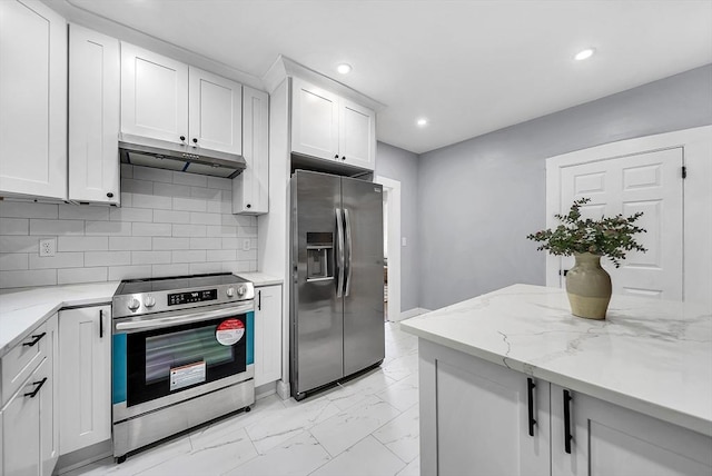 30 Forest Park Rd, Woburn, MA 01801 - kitchen featuring stainless steel appliances, under cabinet range hood, light marble finish floors, recessed lighting, and white cabinetry