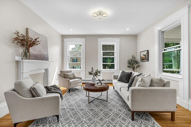 30 Forest Park Rd, Woburn, MA 01801 - living area with wood finished floors, crown molding, a baseboard radiator, and recessed lighting