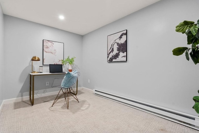 carpeted office space with baseboards, recessed lighting, and a baseboard heating unit