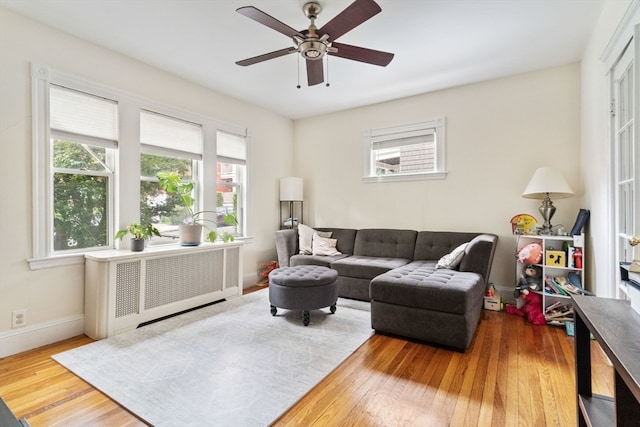 living room with ceiling fan, radiator heating unit, and hardwood / wood-style flooring