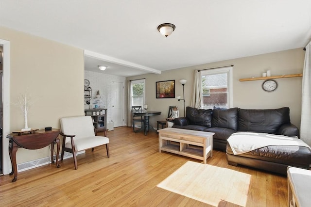 living room featuring light wood-type flooring, baseboards, and a wealth of natural light