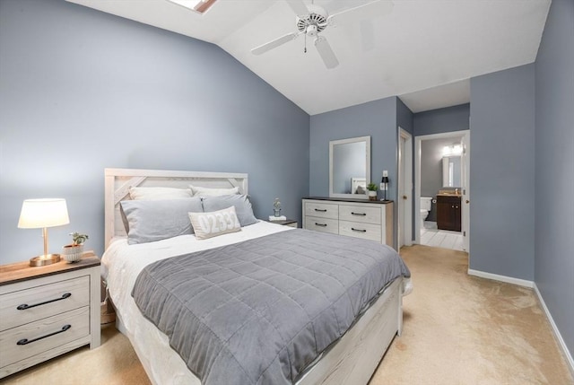 44 Bay Farm Rd Unit 44, Duxbury, MA 02332 - bedroom featuring light carpet, vaulted ceiling, baseboards, connected bathroom, and ceiling fan