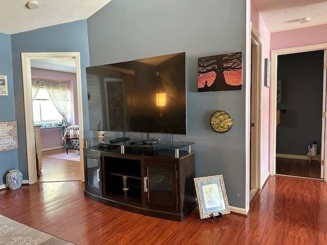 living room featuring hardwood / wood-style flooring and vaulted ceiling