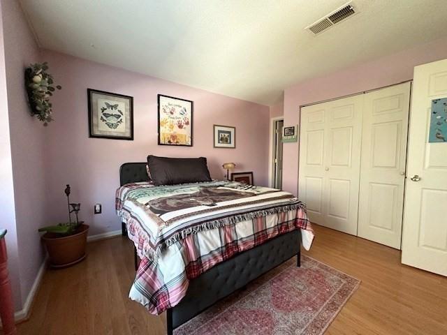 bedroom with wood-type flooring and a closet