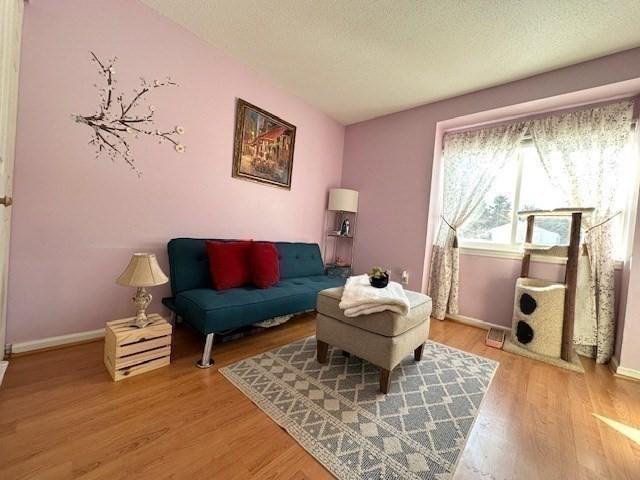 living area with hardwood / wood-style floors and a textured ceiling