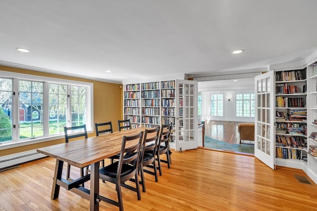 12 Old Meadow Rd, Dover, MA 02030 - dining space featuring light wood finished floors, recessed lighting, french doors, ornamental molding, and baseboard heating