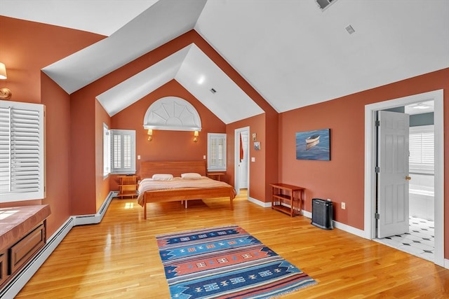 12 Old Meadow Rd, Dover, MA 02030 - bedroom with light wood-style floors, lofted ceiling, a baseboard radiator, and baseboards