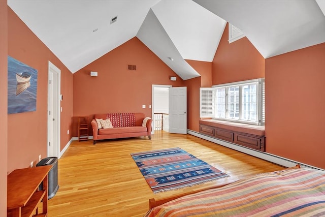 12 Old Meadow Rd, Dover, MA 02030 - living room with light wood-style flooring, high vaulted ceiling, a baseboard radiator, and baseboards