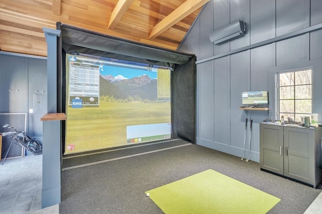 12 Old Meadow Rd, Dover, MA 02030 - playroom featuring an AC wall unit, wooden ceiling, golf simulator, and a decorative wall