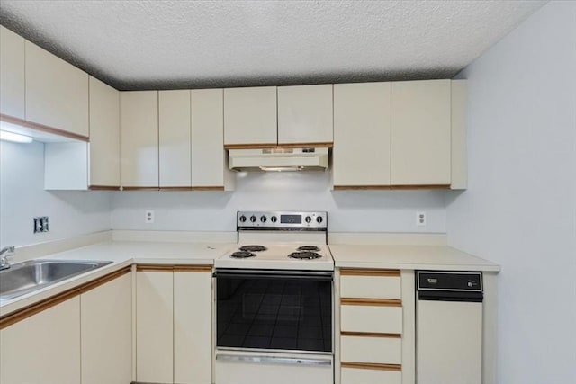 30 Revere Beach Pkwy Unit 207, Medford, MA 02155 - kitchen with under cabinet range hood, electric range, a sink, a textured ceiling, and light countertops
