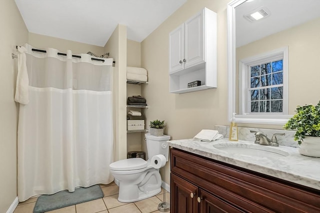 bathroom featuring visible vents, a shower with shower curtain, toilet, vanity, and tile patterned floors