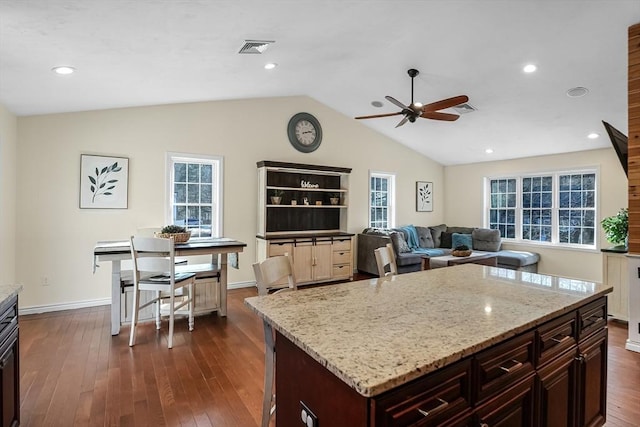 kitchen featuring vaulted ceiling, dark wood-type flooring, plenty of natural light, and visible vents