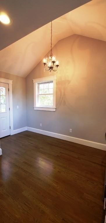 60 Grove St, Barnstable, MA 02601 - unfurnished room with lofted ceiling, dark wood finished floors, a chandelier, and baseboards