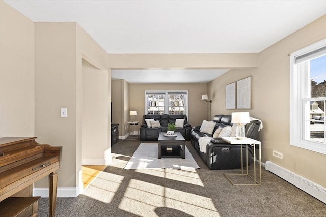 living room featuring carpet floors and a baseboard radiator