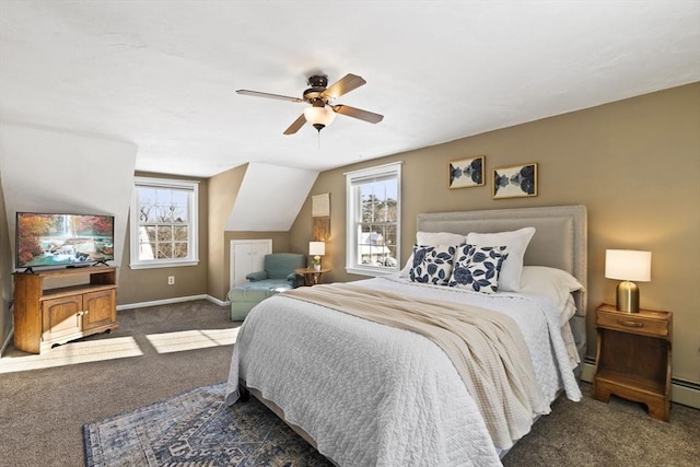 carpeted bedroom featuring lofted ceiling and ceiling fan