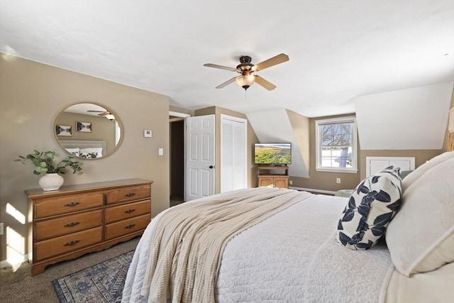 bedroom featuring ceiling fan and carpet flooring