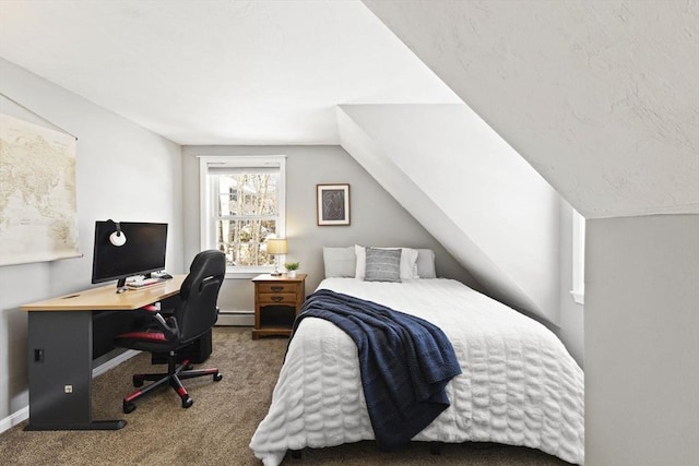 bedroom with a baseboard radiator, dark carpet, and lofted ceiling